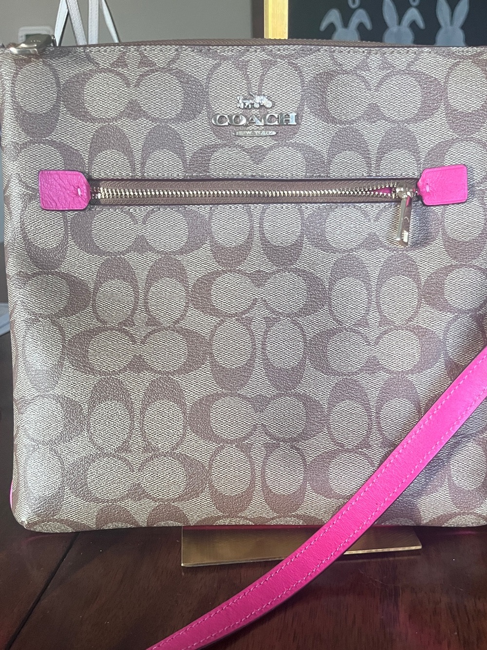 Coach Rowan File Bag Signature Khaki Bold Pink Crossbody C1554